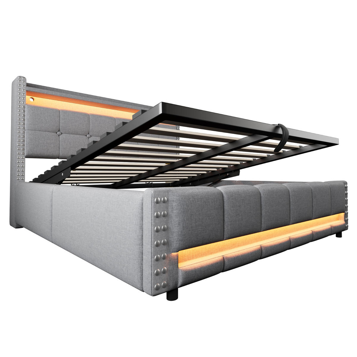 POLSTERBETT 160/200 cm hellgrau mit LED-Beleuchtung und USB-Steckdose - Hellgrau, Textil (160/200cm) - OKWISH