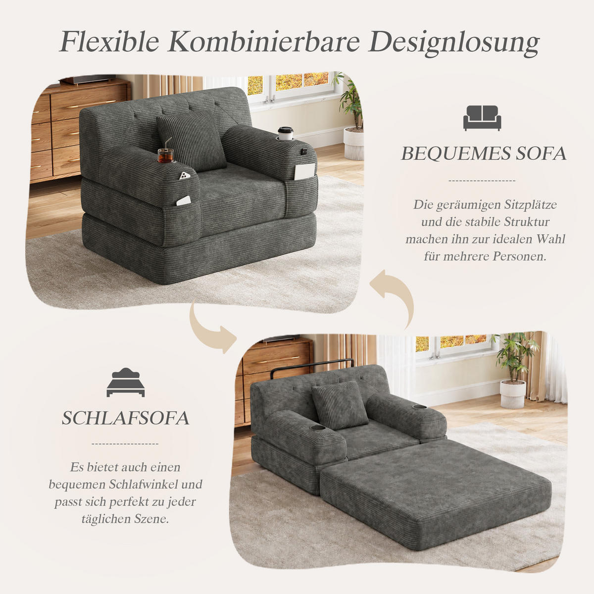 SCHLAFSESSEL Cord komprimiert, DE-42543, Dunkelgrau - Dunkelgrau, Metall (107/81/80cm) - ComfortXL
