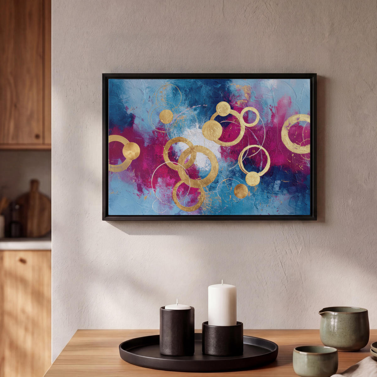 LEINWAND Bilder mit Rahmen - Kreise - Gold - Abstrakt - 30x20 - Blau, Textil (30/20cm) - MuchoWow
