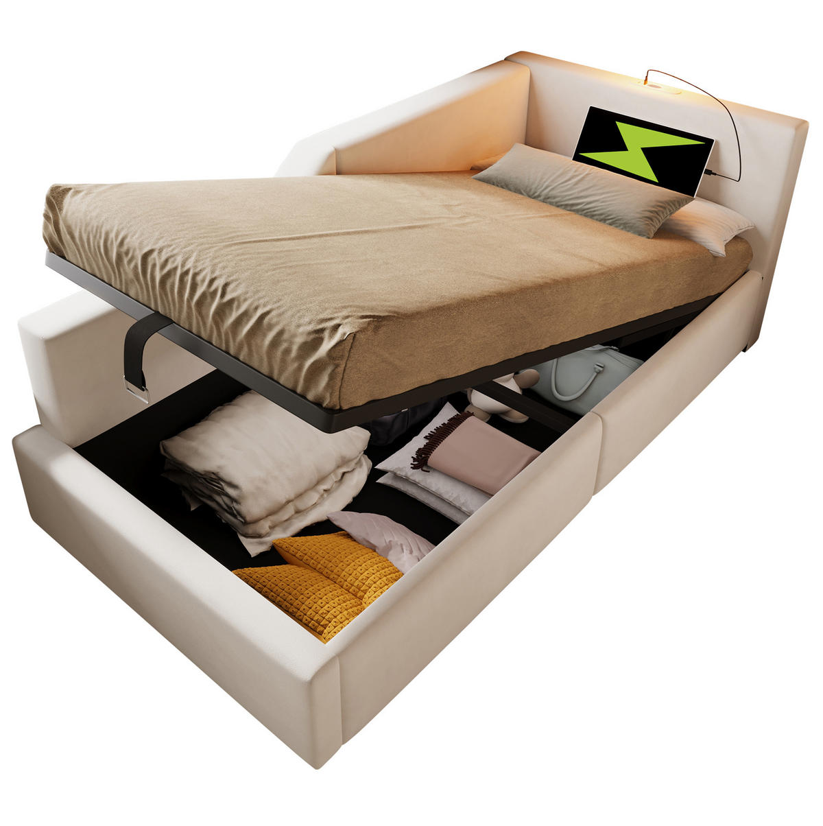 POLSTERBETT 90/200 cm in Beige mit Stauraum, Leselampe und USB- und Type-C-Anschlüssen - Beige, Textil (90/200cm) - Flora Grace