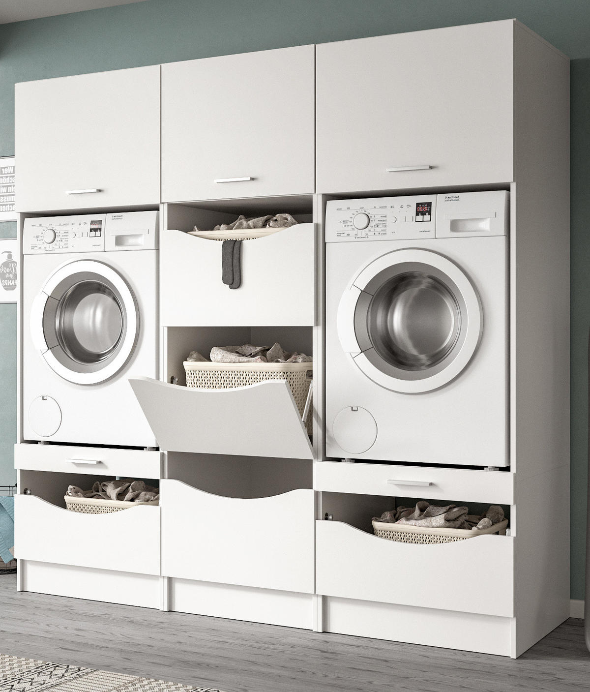 WASCHMASCHINENSCHRANK weiß Set 3-teilig, Waschmaschinenumbau 192 cm mit viel Stauraum - Silberfarben/Weiß, Glas/Holzwerkstoff (192/196/68cm) - Inn.Furn