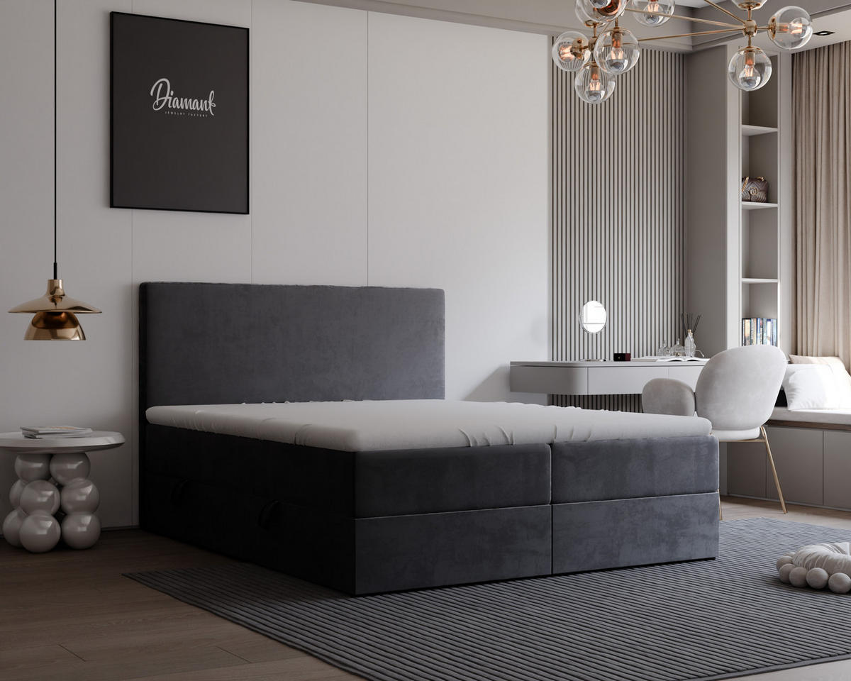 BOXBETT GIULIA 180/200 cm mit Matratze und Topper, Dunkelgrau - Dunkelgrau, Textil (180/200cm) - Idohome