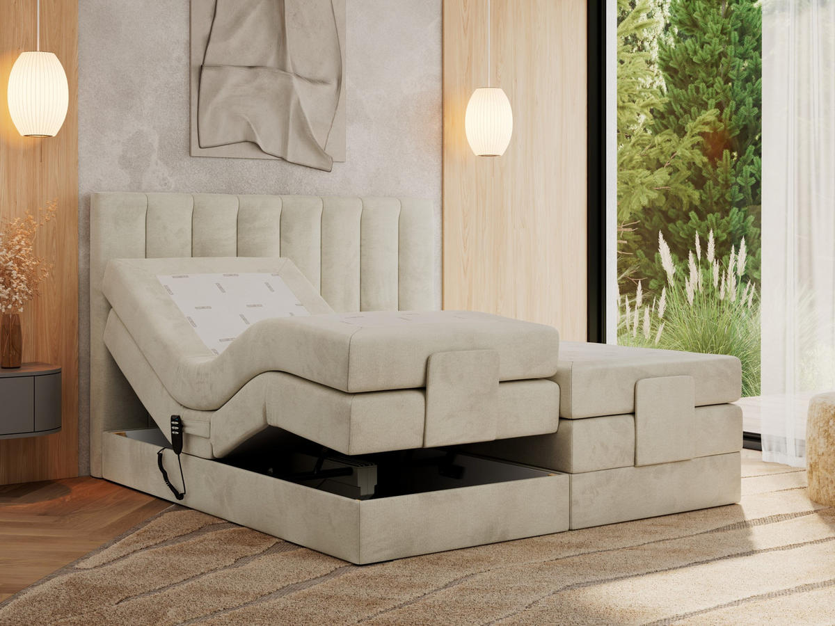 BOXBETT COMFORTO 160/200 - Beige Velvet - H3 - Beige, Holz/Textil (160/200cm) - MKS