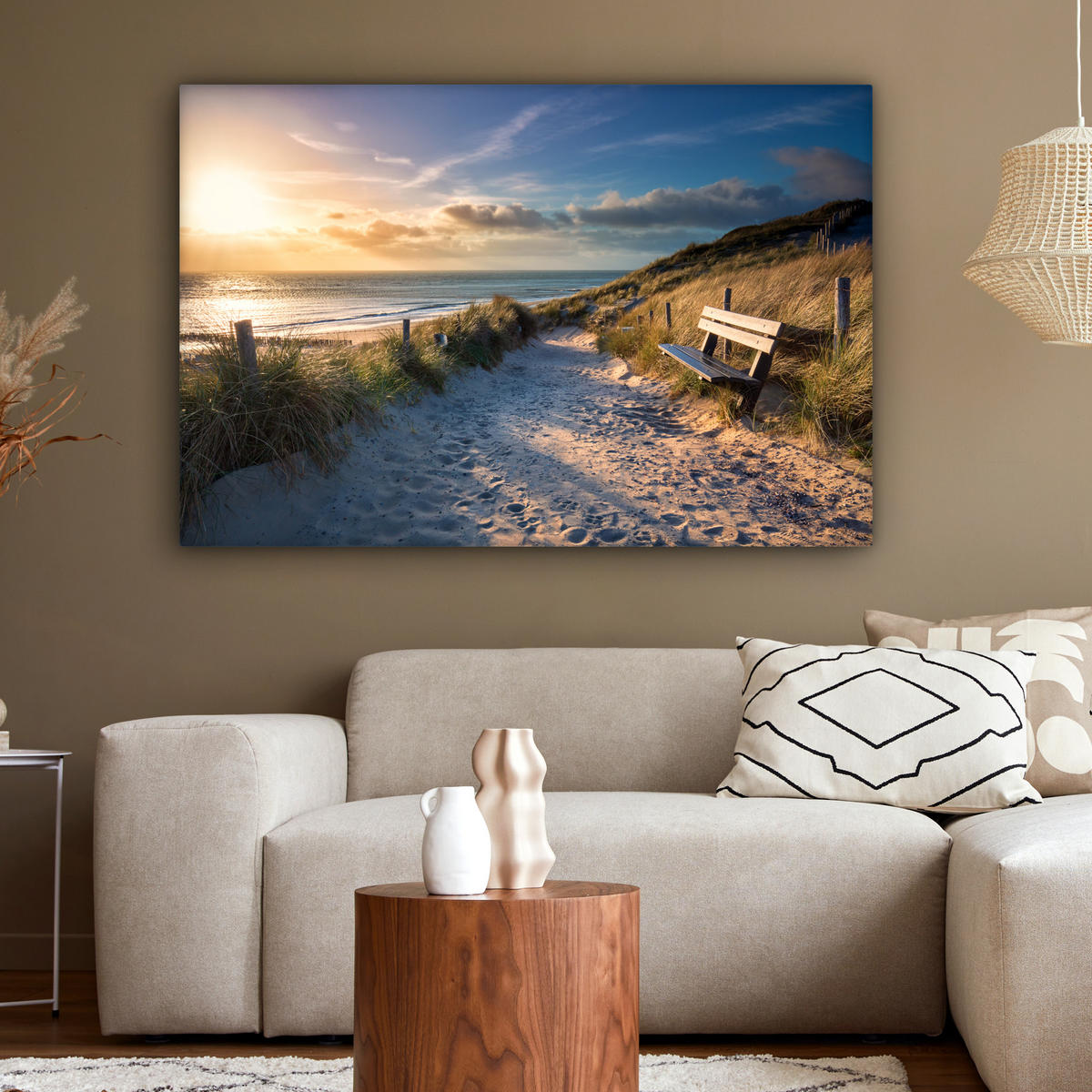 LEINWANDBILD - Sonnenuntergang - Strand - Düne - Gras - Ufer - 120x80 - Kunstdruck - Sandfarben, Textil (120/80cm) - MuchoWow