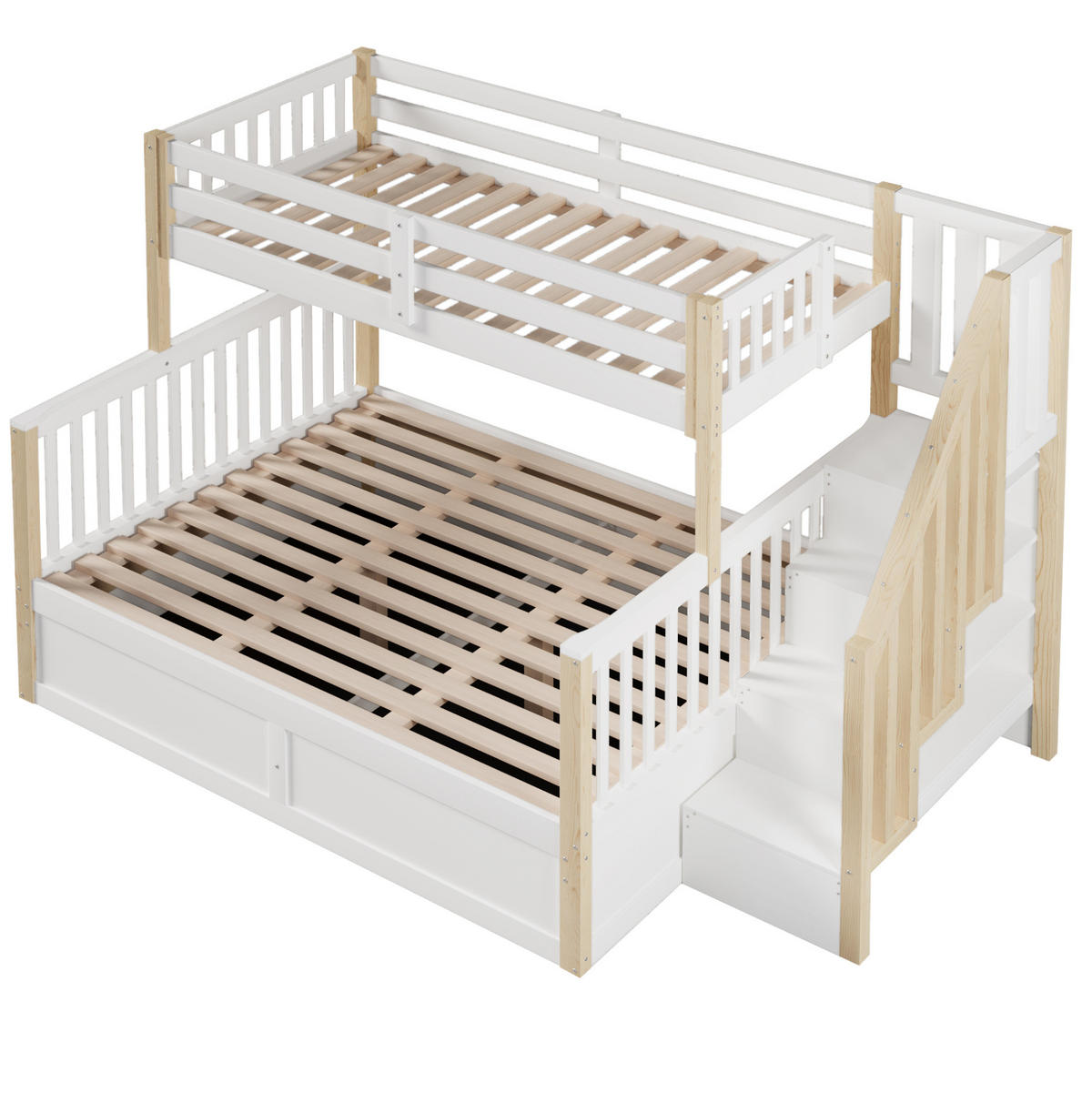 ETAGENBETT 90/200 cm + 140/200 cm mit hydraulischem Stauraum und Ablagetreppe aus Kiefernholz, Weiß/Natur - Weiß, Holz (90/200cm) - Redom