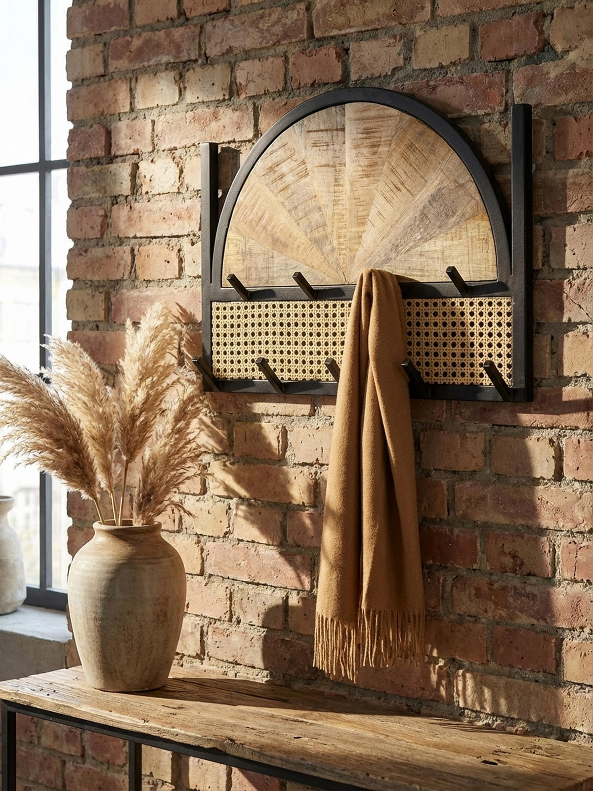 WANDGARDEROBE Mango Massivholz Rattan Modern 53x40x7,5 cm mit Wiener Geflecht und Metallrahmen - Braun, Holz (53/40/8cm) - KADIMA DESIGN