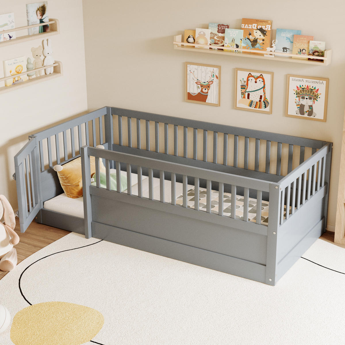 KINDEREINZELBETTEN aus Massivholz 90x200 cm in Grau mit Zaun & Tür - Grau, Holz (90/200cm) - Modfu