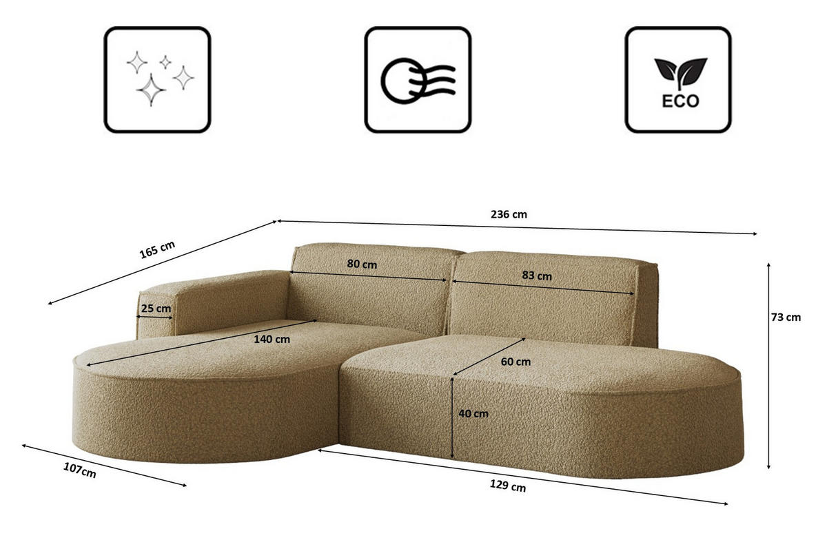 ECKSOFA Modena Studio, Stoff Quelle, Hellbraun Links - Hellbraun, Holz (165/236cm) - Kaiser Möbel