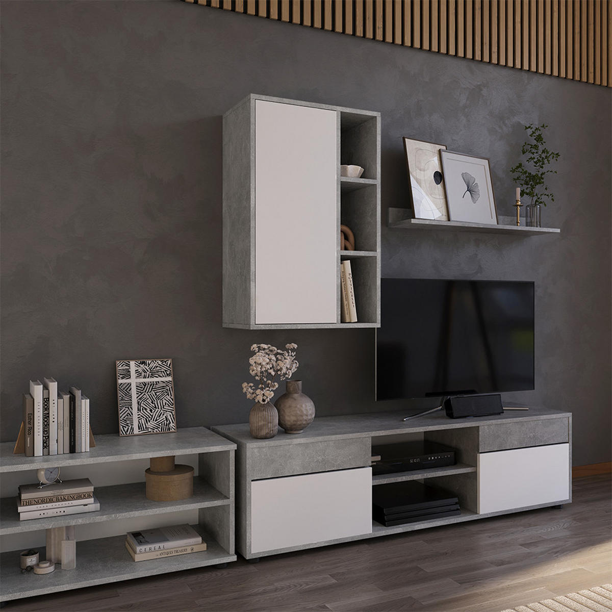 STĚNOVÁ POLICE Berno Beton/bílá - šedá, kompozitní dřevo (50.1/78.4/28.3cm) - Vicco