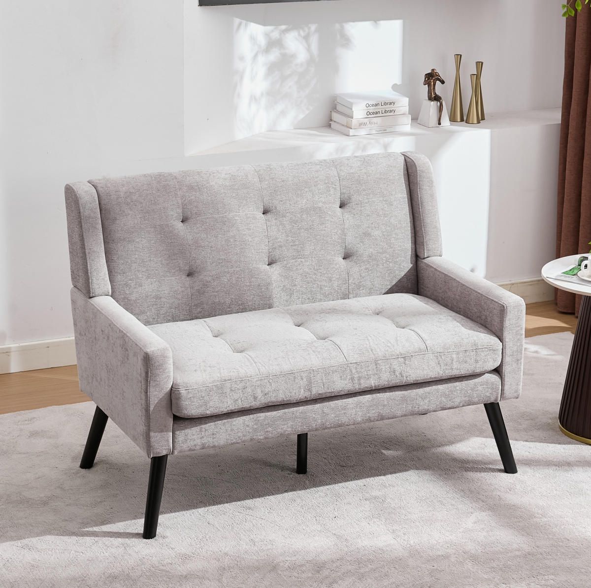 ČALOUNĚNÁ lavice 2místná světle šedá z látky s prošitím a nohami z masivního dřeva - světle modrá, textil (75/88/119cm) - OKWISH