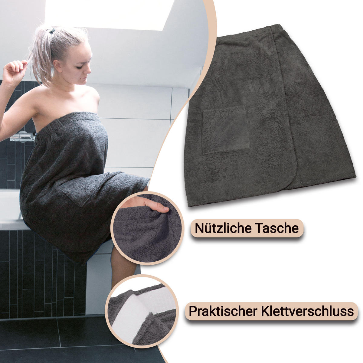 BADEMANTEL, S/M, 100% Baumwolle, Grau - Anthrazit, Textil (S/Mcm) - Zollner