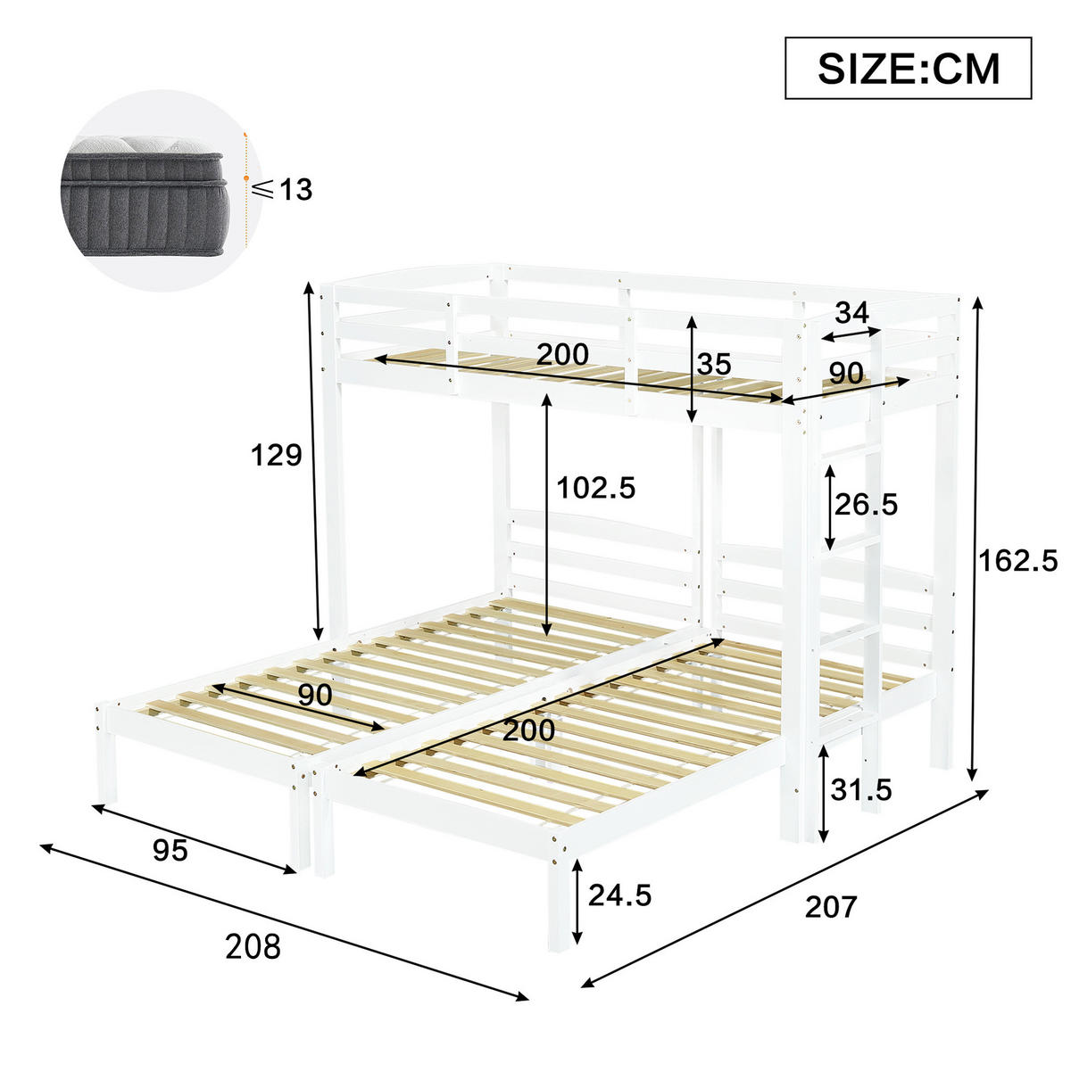 ETAGENBETT 90/200 cm mit Seitenleiter, 3 Schlafplätzen und Massivholzgestell, Weiß - Weiß, Holz (90/200cm) - Redom