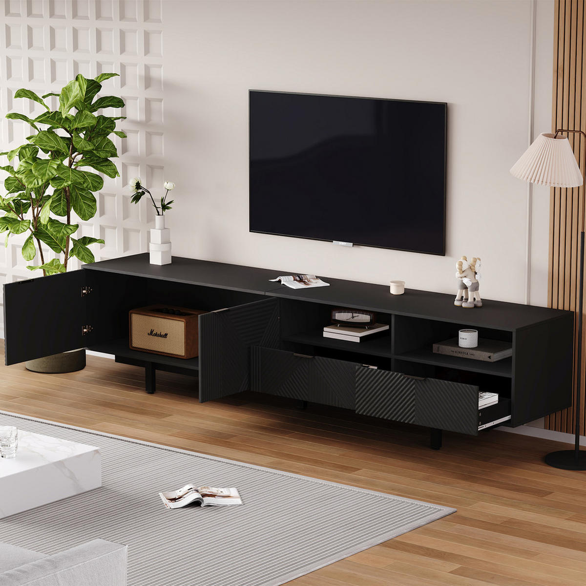 TV-SCHRANK 200x40cm Modern abstrakte Linien Stauraum Schwarz bis 90 Zoll - Schwarz, Holz (52.07/12.19/115.06cm) - FLIEKS