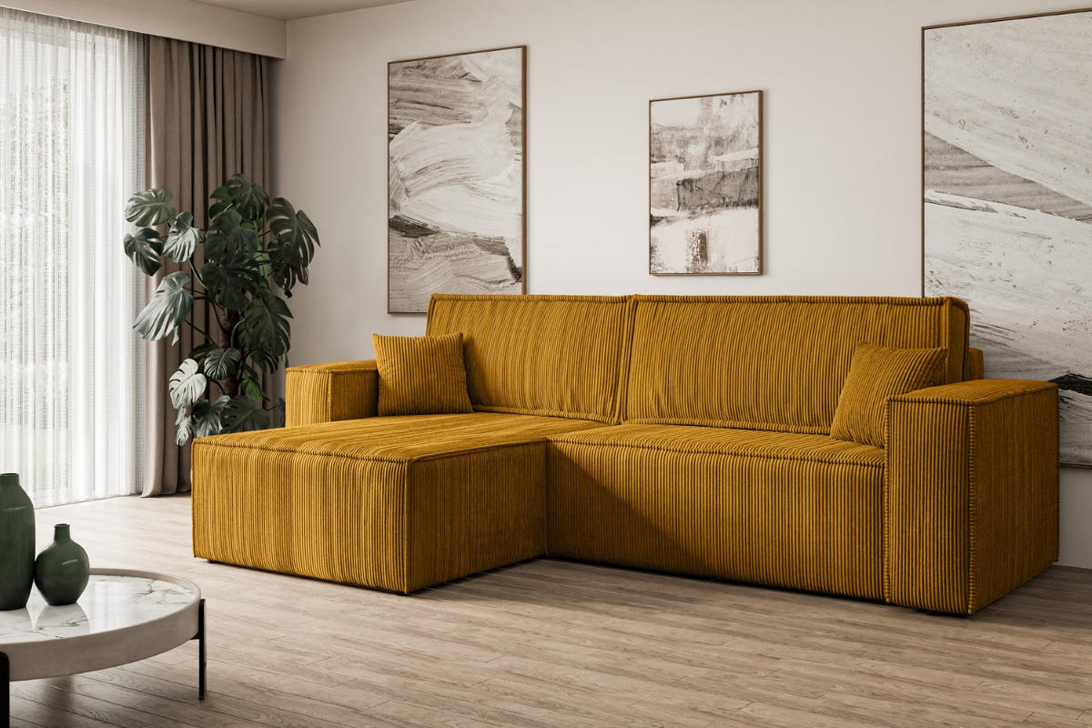 ECKSOFA mit Schlaffunktion und Bettkasten CELTIC-XL - 277x143x83 cm Senfgelb Cord - Gelb/Schwarz, Holzwerkstoff/Kunststoff (277/143cm) - ALTDECOR