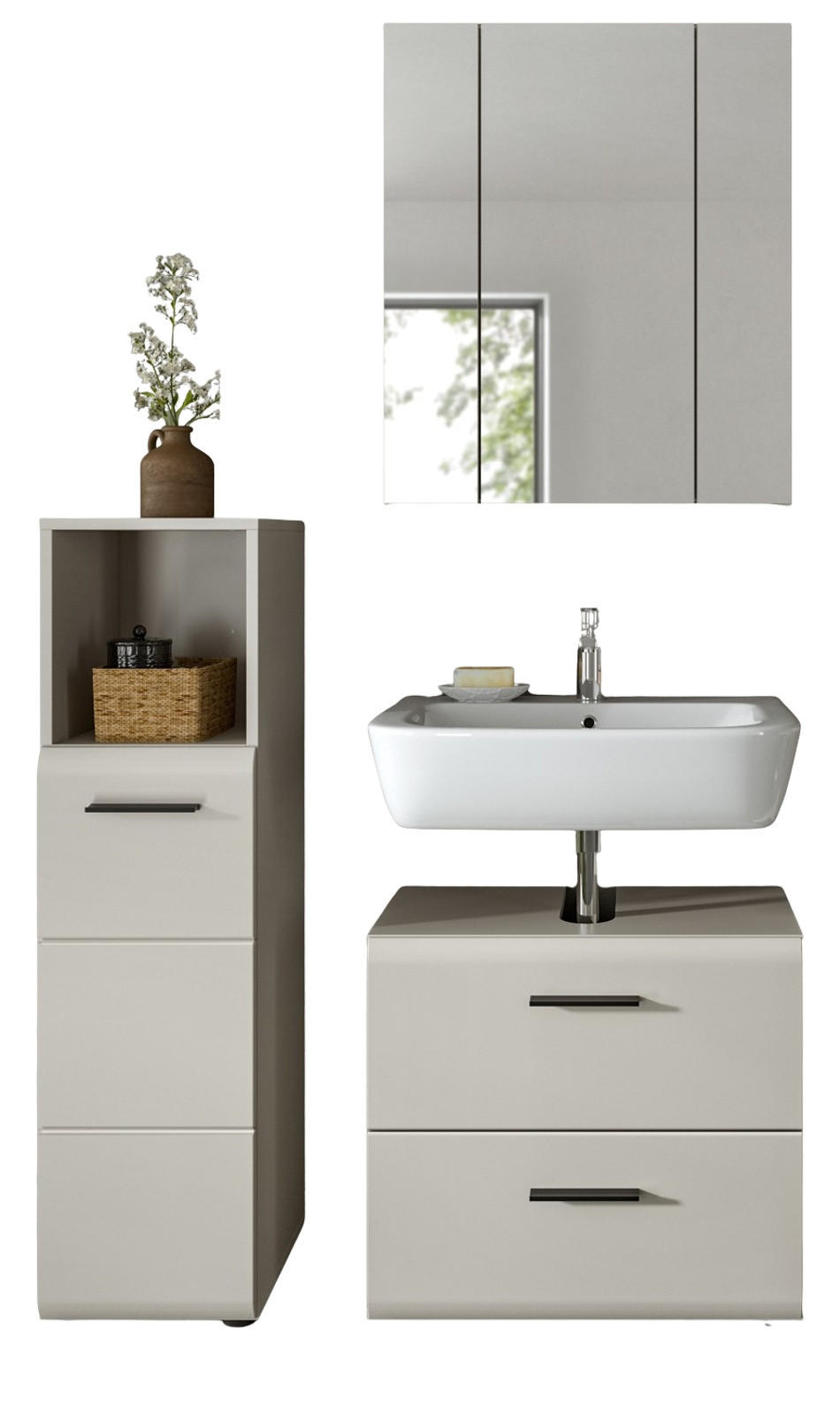 BADMÖBEL-SET Kaschmir 3-teilig 105 cm, Badkombination in modernem Design - Kaschmir/Schwarz, Glas/Holzwerkstoff (105/185/30cm) - Inn.Furn