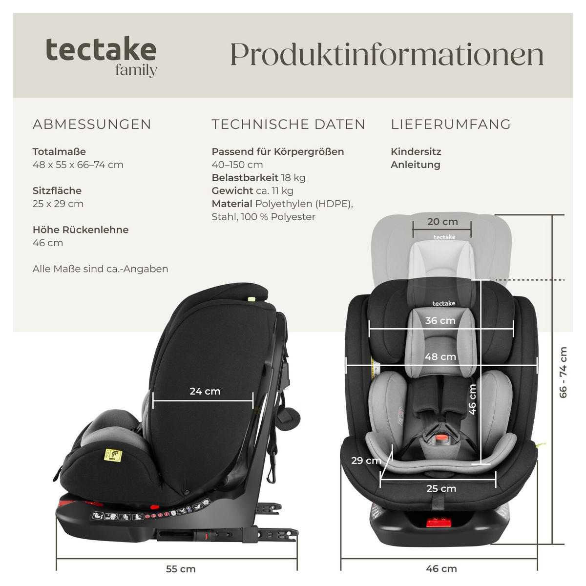 AUTOSITZ Drehbar Linus, ab Geburt bis 150 cm, Belastbarkeit 18 kg, hellgrau/schwarz - Hellgrau/Schwarz, Kunststoff (48/74/55cm) - tectake