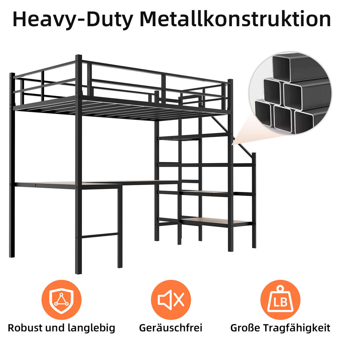 HOCHBETT mit L-förmigem Schreibtisch, Treppe und Stauraum, Metall, Schwarz - Schwarz, Metall (90/190cm) - MIVRAY