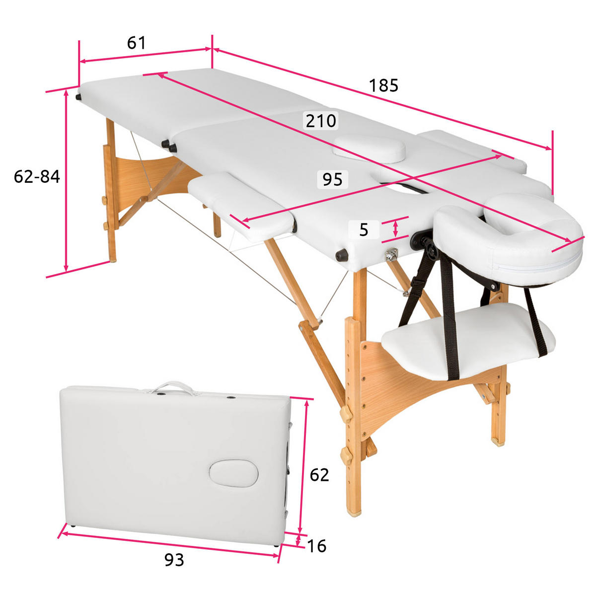 MASSAGELIEGE 2 Zonen Freddi,210 x 95 x 84 cm,weiß - Weiß, Holz (61/62/185cm) - tectake