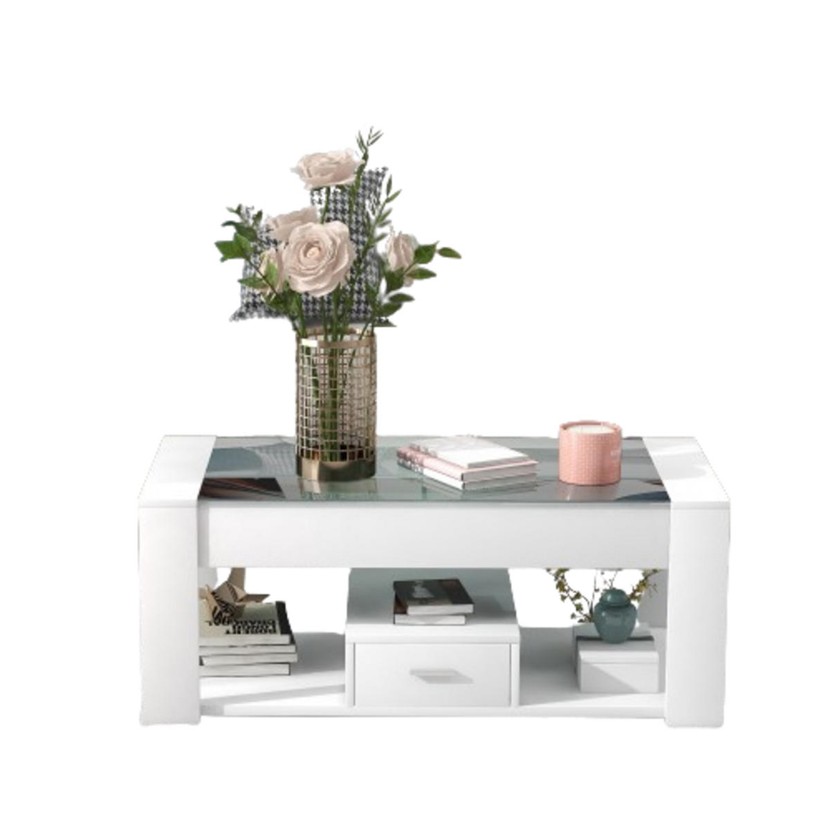 COUCHTISCH 100/50/40 cm weiß mit Glasplatte und Stauraum - Weiß, Holzwerkstoff (100/50/40cm) - OKWISH