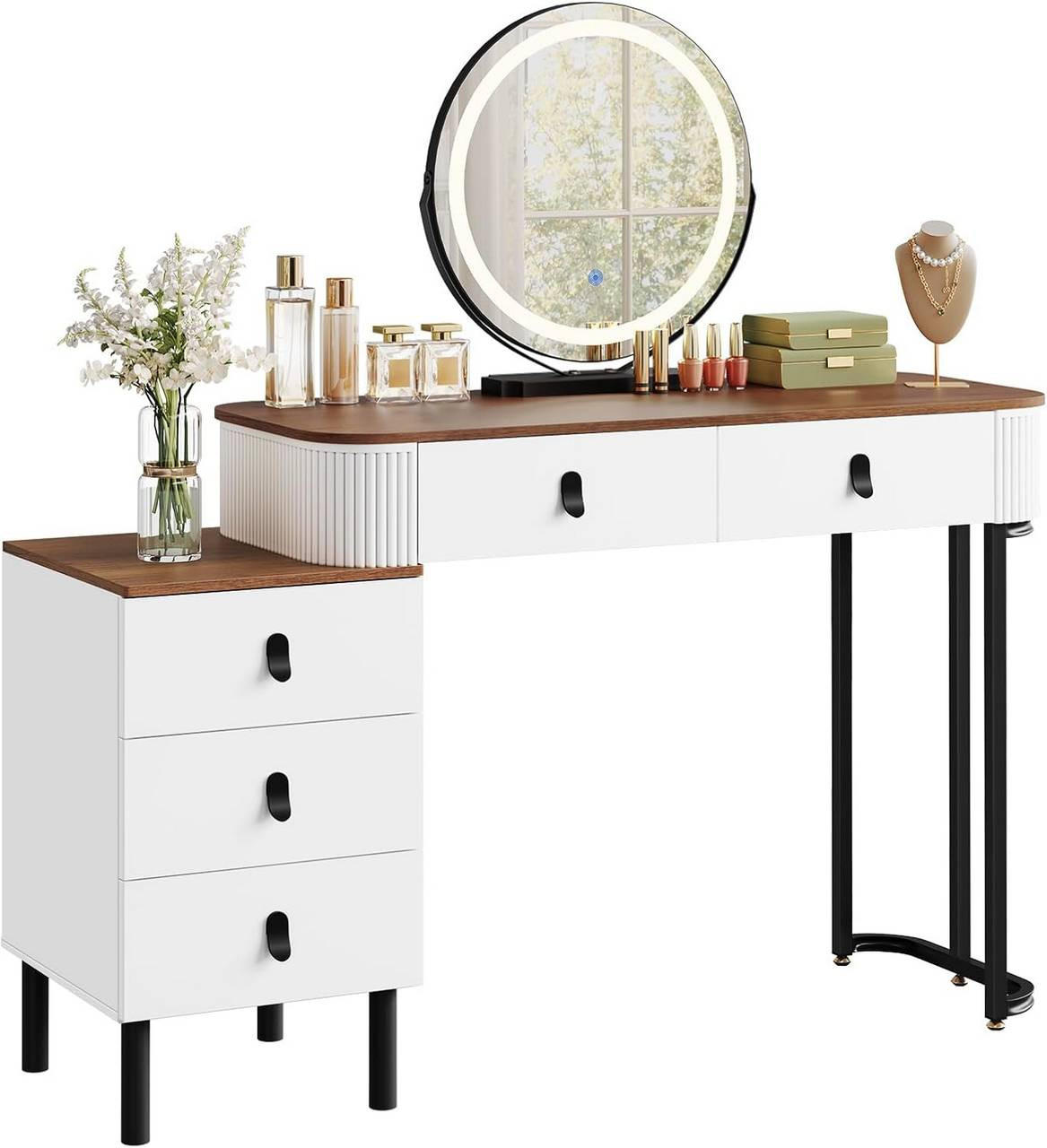 SCHMINKTISCH mit LED, Spiegel, Orangebraune Holzoptik - Nussbaumfarben/Schwarz, Glas/Holz (100/126/40cm) - Woltu