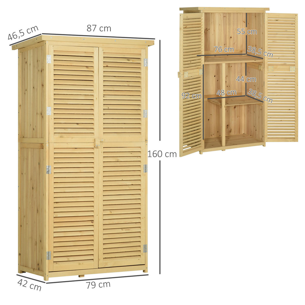 GARTENSCHRANK Geräteschrank, Holz Geräteschuppen, mit Asphaltdach, 4 Fächer, Natur - Fichtefarben, Holz (465/160/87cm) - Outsunny