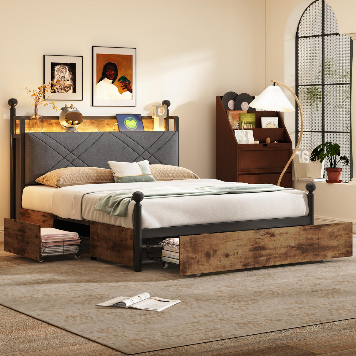 METALLBETT 140/190 cm mit Kopfteil, LED und USB/Type-C – schwarz - Schwarz, Metall (140/190cm) - BEAOK