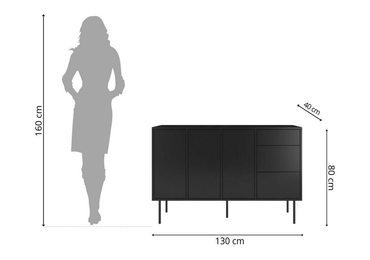 SIDEBOARD Mirka, Schwarz, Push to Open System, Minimalistisch - Schwarz, Holzwerkstoff/Metall (130/80/40cm) - Dancan