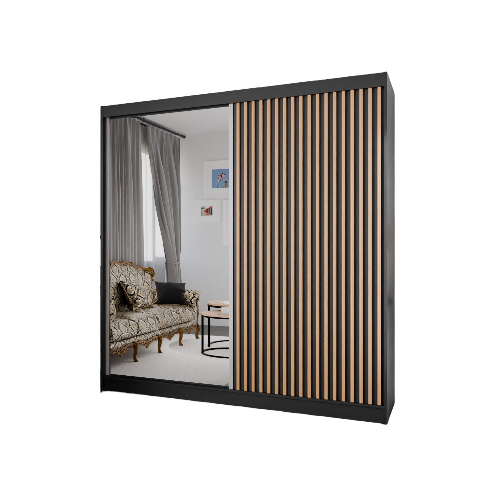 SCHWEBETÜRENSCHRANK Lili 200 cm mit Lamellen und Spiegel 2-türig, schwarz, Lamelle wotan - Eiche Wotan/Schwarz, Kunststoff (200/215/61cm) - Margaret Hadas24