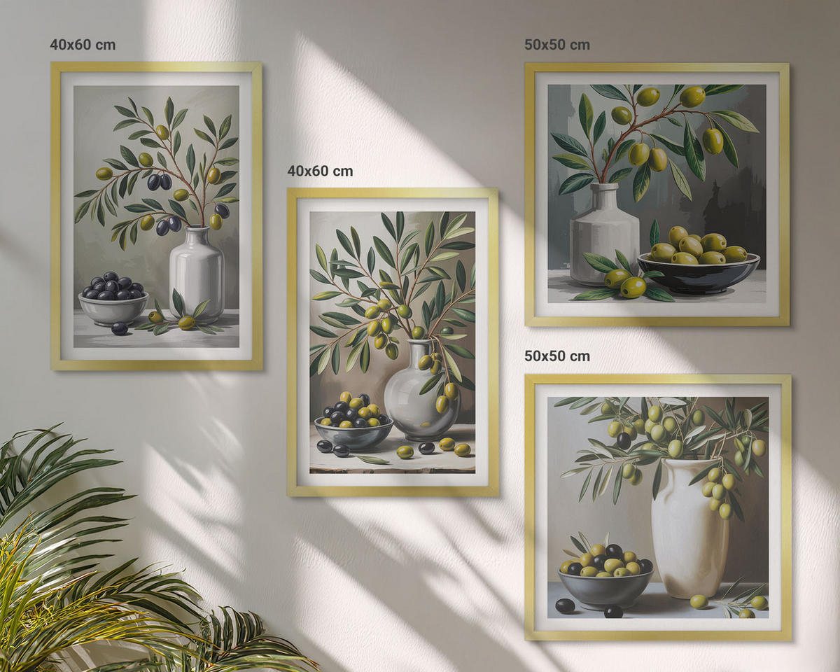 WANDBILDER 4er Set - 50x50 cm & 40x60 cm Goldrahmen - Oliven in Keramikgrau - Goldfarben, Kunststoff (50/50cm) - ArtPrintCave