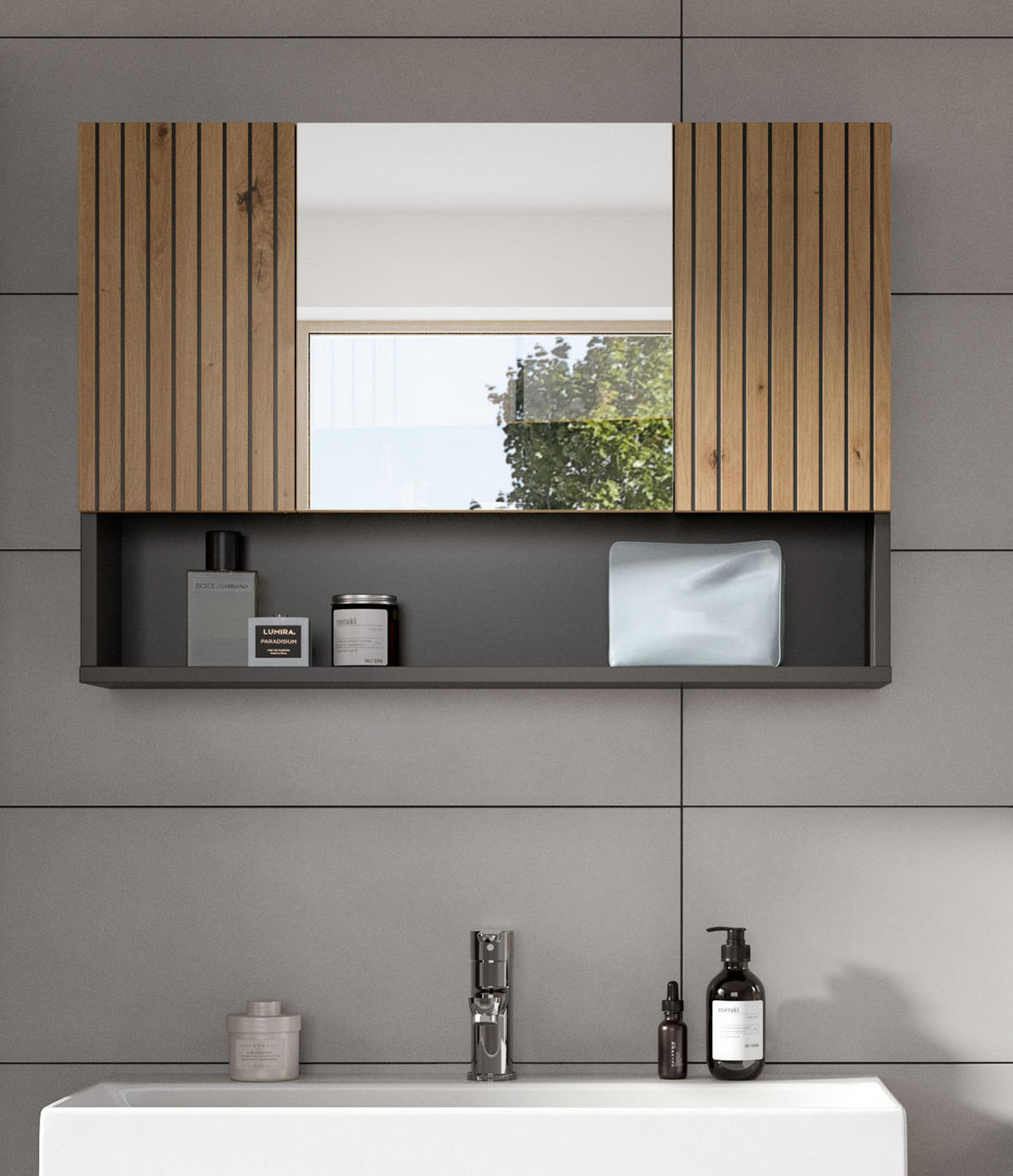 SPIEGELSCHRANK Eiche Artisan, grau 80 x 55 cm, Badschrank 3-türig - Eiche Artisan, Glas/Holzwerkstoff (80/55/17cm) - Inn.Furn