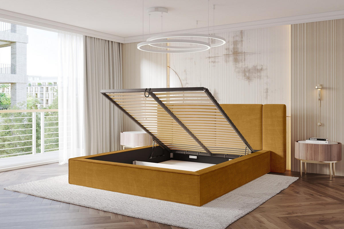 POLSTERBETT mit Bettkasten und Lattenrost, Boxbett ohne Matratze - RIVO 200x200 Senfgelb - Gelb, Holzwerkstoff/Textil (200/200cm) - ALTDECOR