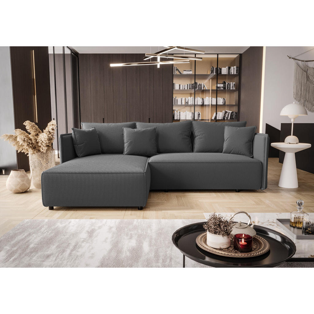 Thumbnail - Bedante Ecksofa, Dunkelgrau, Textil, Kiefer, 3-Sitzer, Ottomane links,L-Form, 245x185 cm, Wohnzimmer, Sofas & Couches, W...