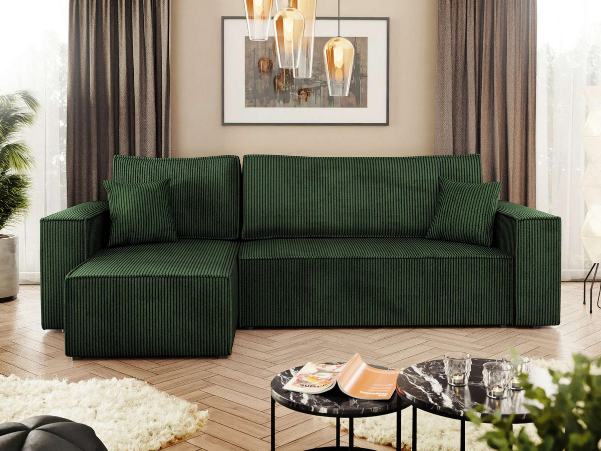 ECKSOFA Karl Cord - Schwarz/Grün, Holz/Kunststoff (244/145cm) - MIRJAN24