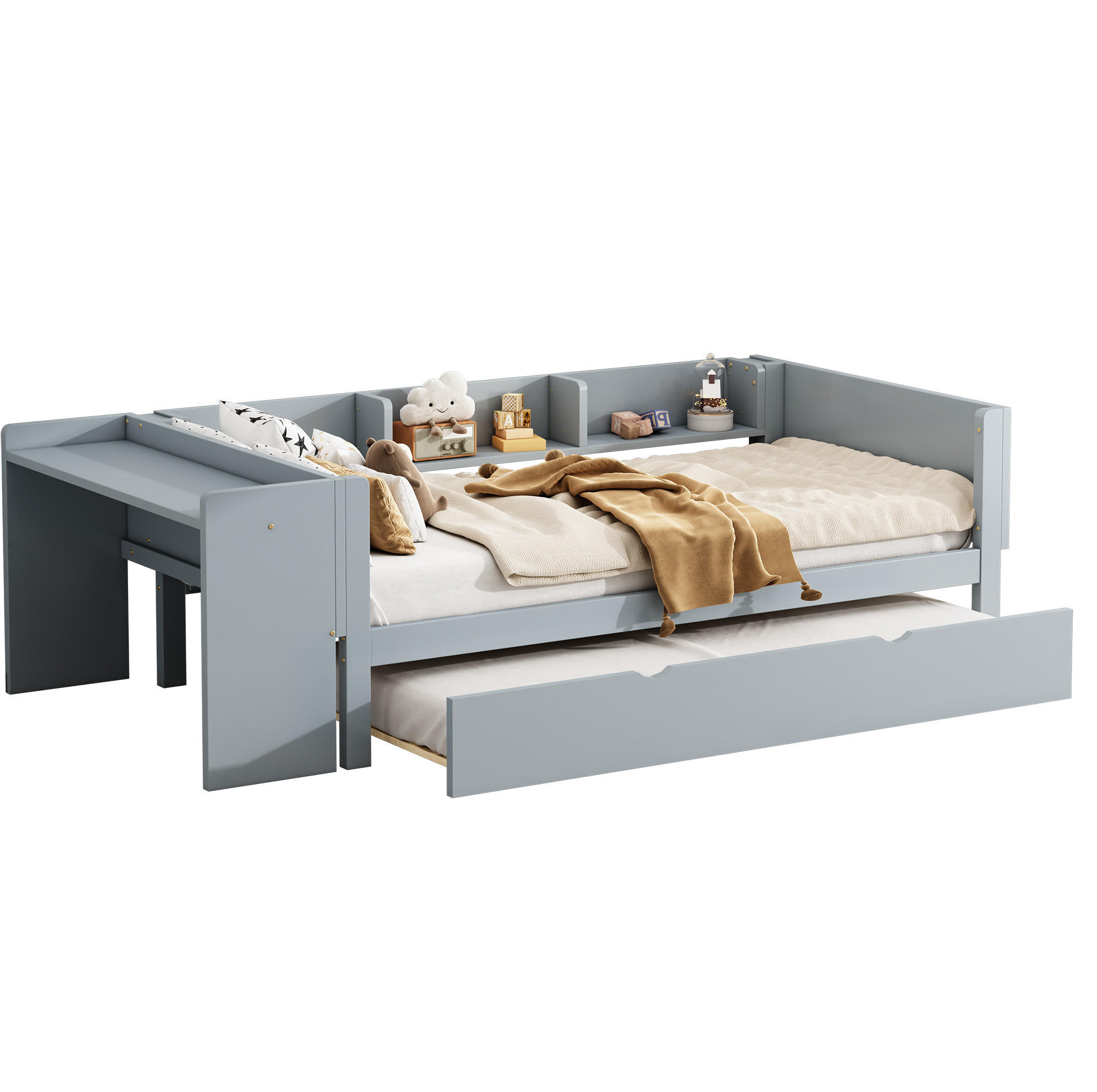 POLSTERBETT 90/200 cm Grau aus Kiefernholz und MDF mit Ausziehbett und Schreibtisch - Grau, Holz (90/200cm) - OKMYHOME