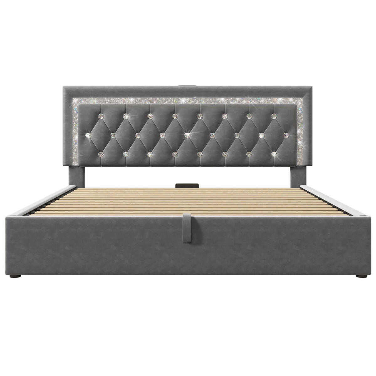POLSTERBETT aus Samt 160x200 cm in Grau mit LED & USB-Type-C-Ladestation - Grau, Textil (160/200cm) - Modfu