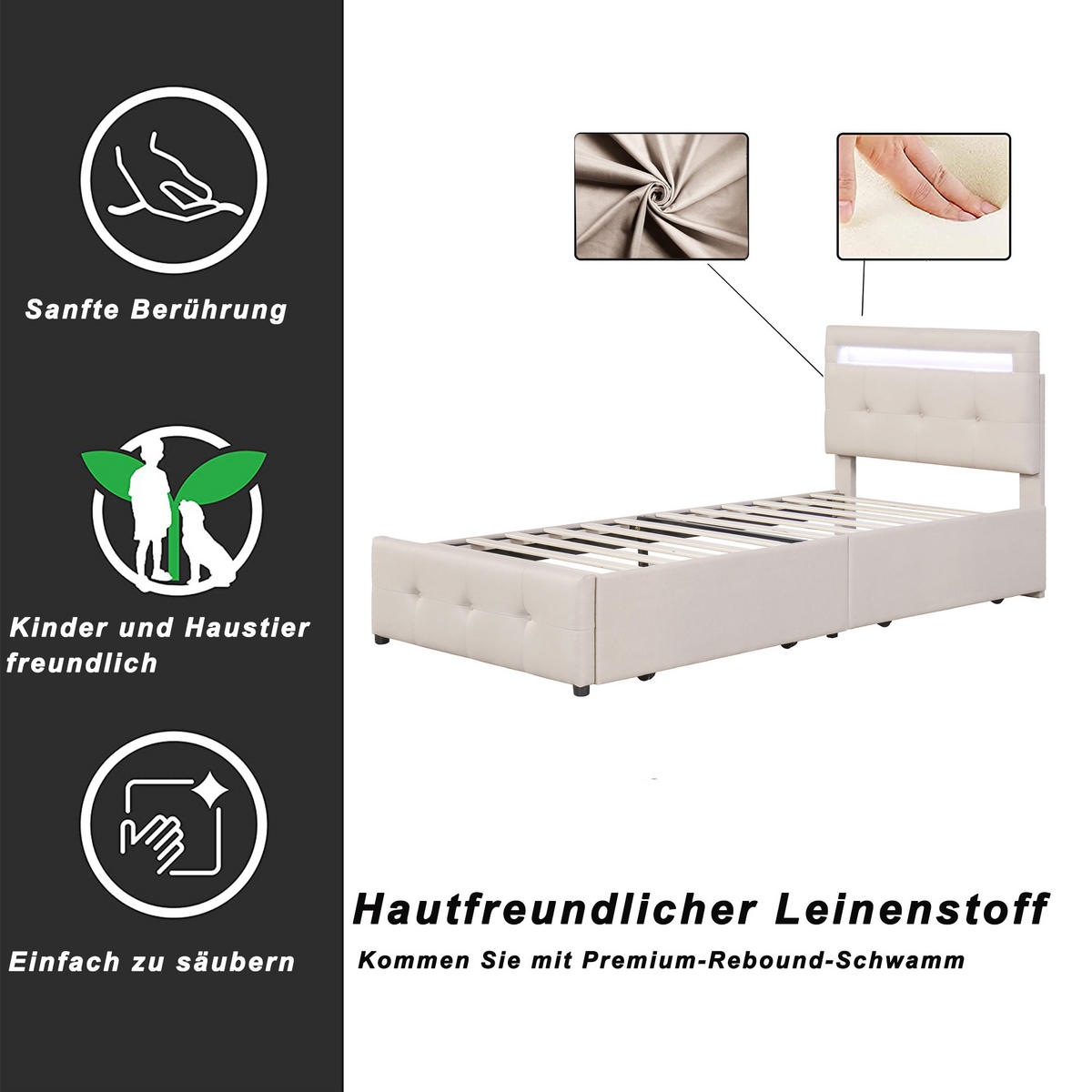 POLSTERBETT 90/200 cm in Beige mit 2 Schubladen und LED - Beige, Holzwerkstoff/Textil (90/200cm) - WISHDOR