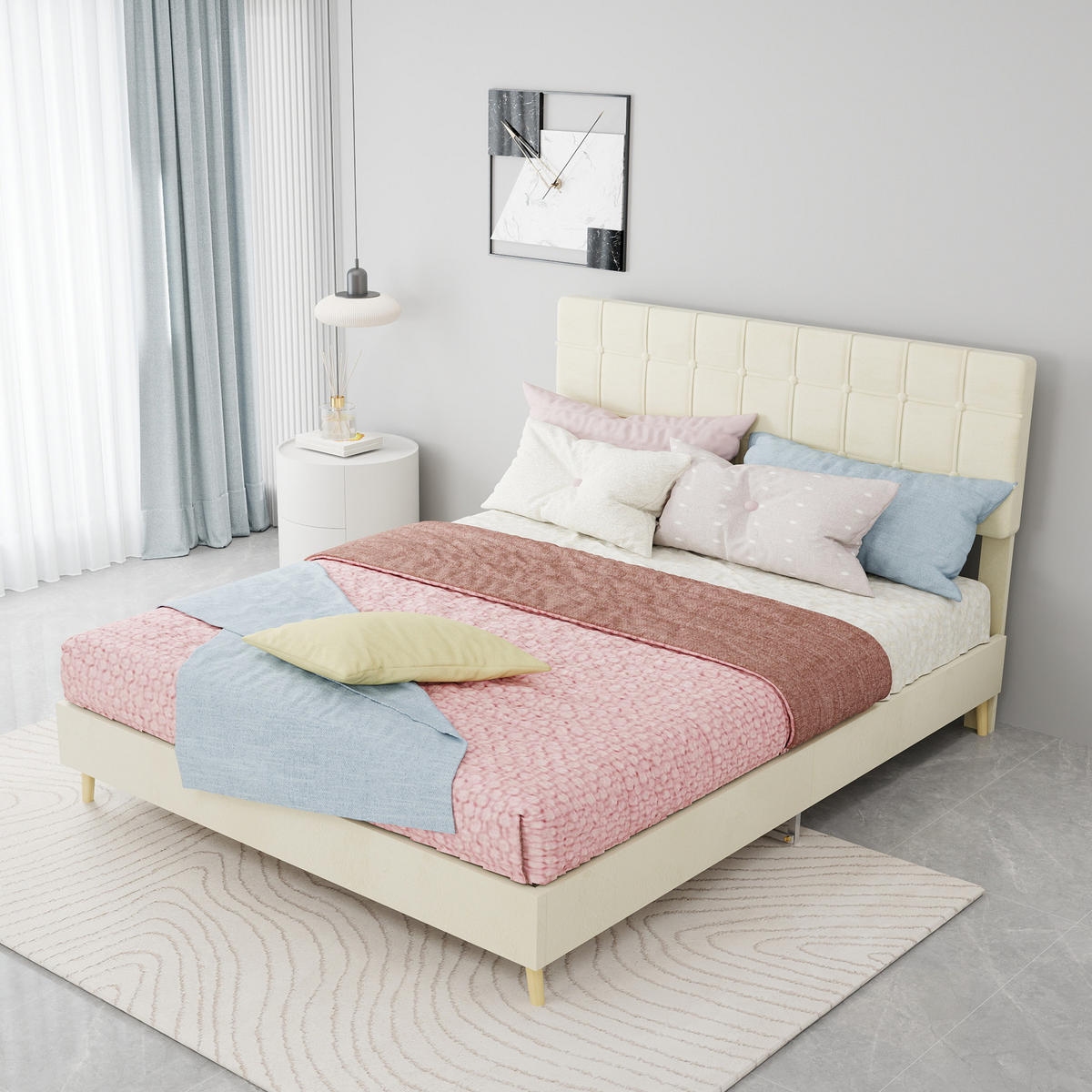 POLSTERBETT 140/200 cm DE-32943 mit Karosteppung-Kopfteil Beige - Beige, Metall (140/200cm) - ComfortXL