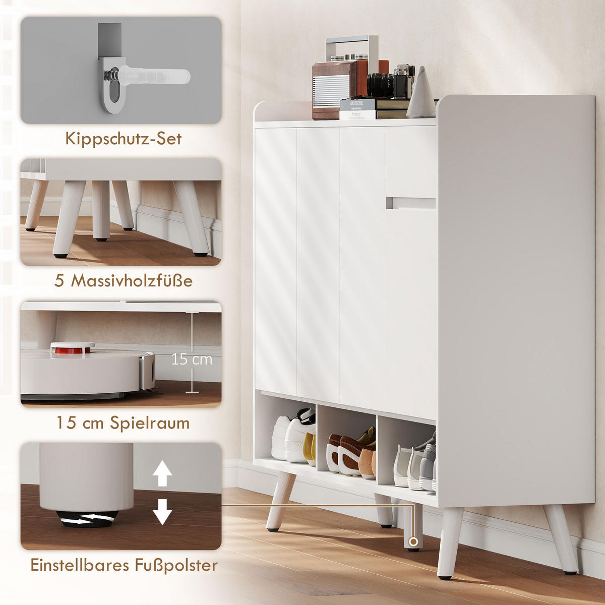 SCHUHSCHRANK mit 4 Tür, Druck zum Öffnen-Design Verstellbaren Ablagen, Schublade - Weiß, Holz/Holzwerkstoff (35/100/120cm) - HOMCOM