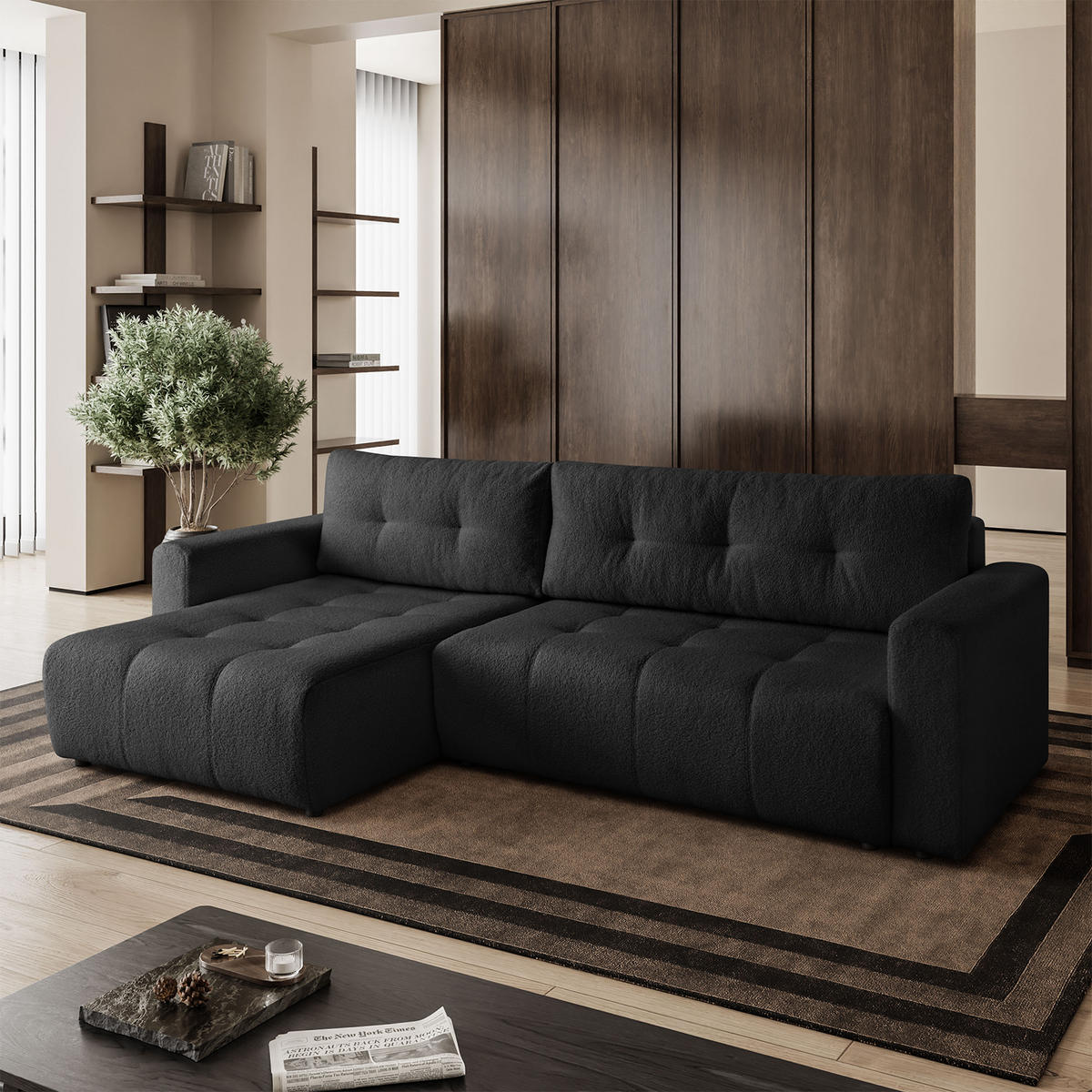 ECKSOFA WALONGO mit Schlaffunktion, Schwarz - Schwarz, Textil (261/143cm) - Fedve