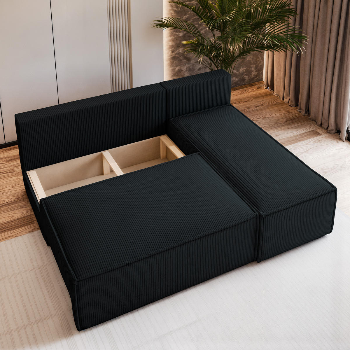 ECKSOFA BRISO P Schwarz Kordstoff mit Schlaffunktion - Schwarz, Holz (200/140cm) - MASSENO