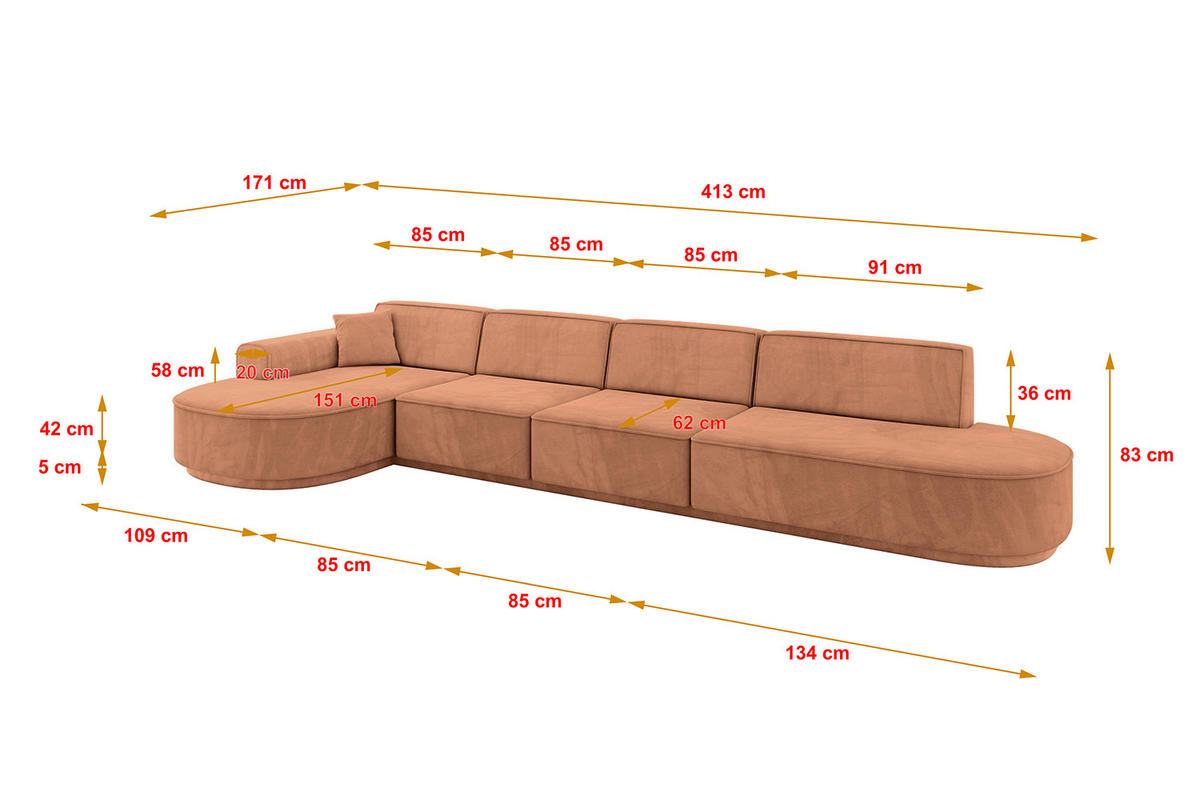 ECKSOFA Ottomane Links MARI-L3-v3 - 413x171x83 cm Orange Velours - Schwarz/Orange, Holzwerkstoff/Kunststoff (413/171cm) - ALTDECOR