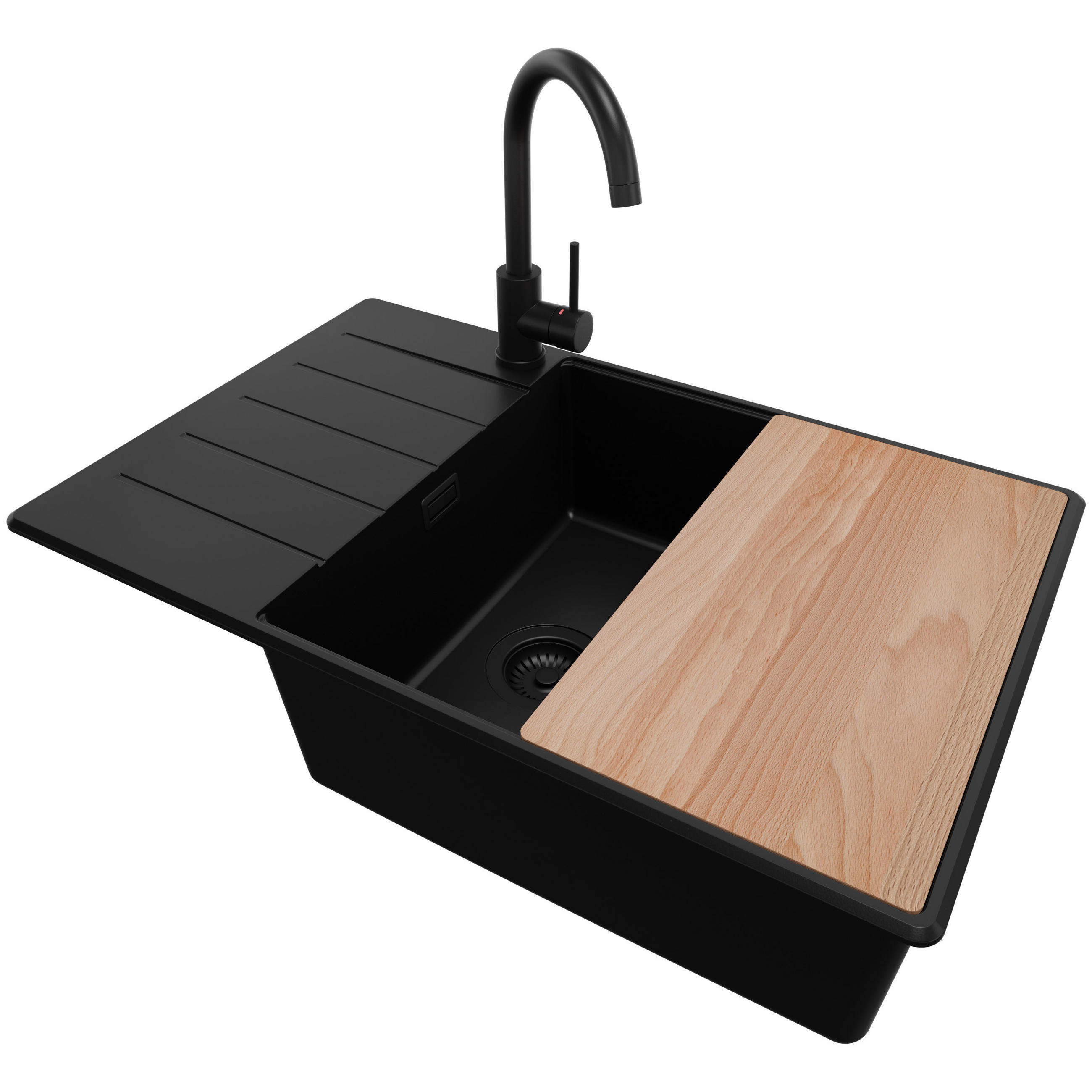 GRANITSPÜLE Kopenhagen, 2-er set Alles Schwarz 78/50 cm 1 Becken + Küchenarmatur 32/20 cm + Ablauf-Set + Schneidebrett ab 60er Unterschrank - Beige/Schwarz, Kunststoff (78/20/50cm) - Primagran