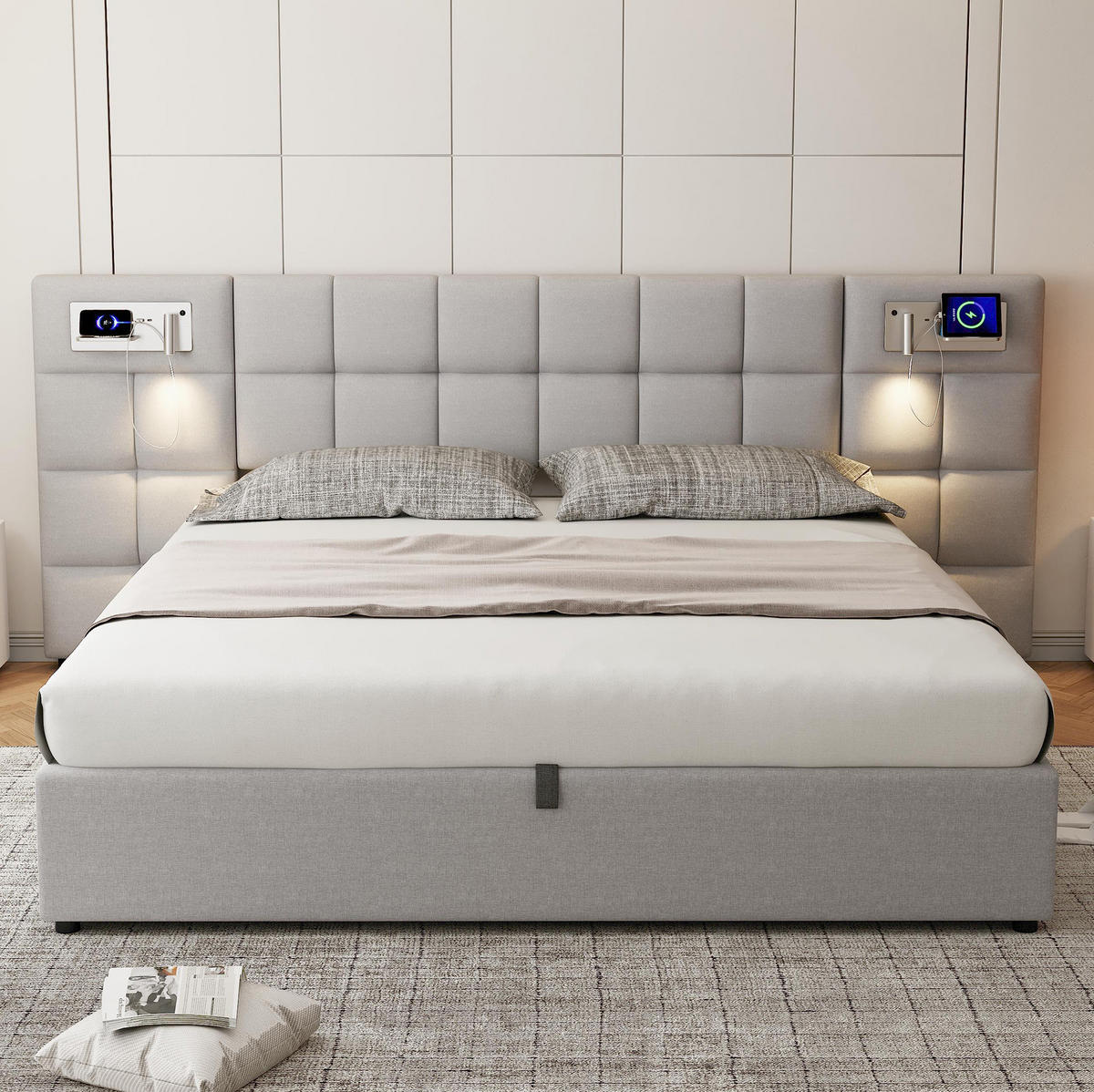 POLSTERBETT 180/200 cm Grau mit Stauraum, USB und kabelloser Ladefunktion - Grau, Textil (180/200cm) - Flora Grace