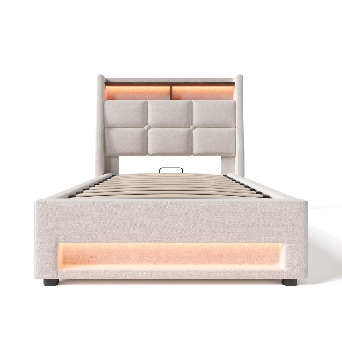 POLSTERBETT 90/200 cm Beige mit USB- und LED-Beleuchtung und Lattenrost - Beige, Textil (90/200cm) - OKWISH