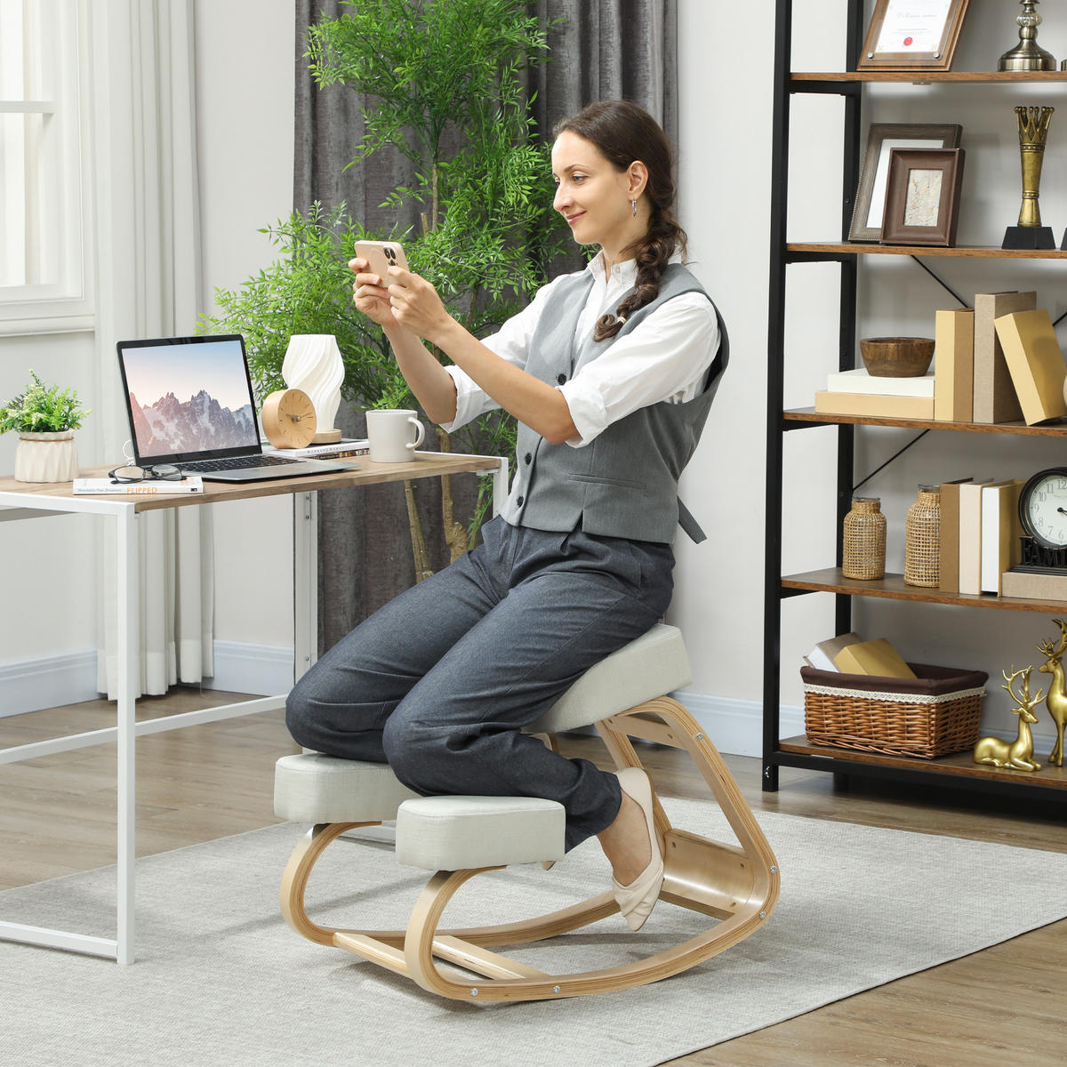 KNIESTUHL Birke Polyester Cremeweiß - Creme, Holz (51/58/69cm) - Vinsetto