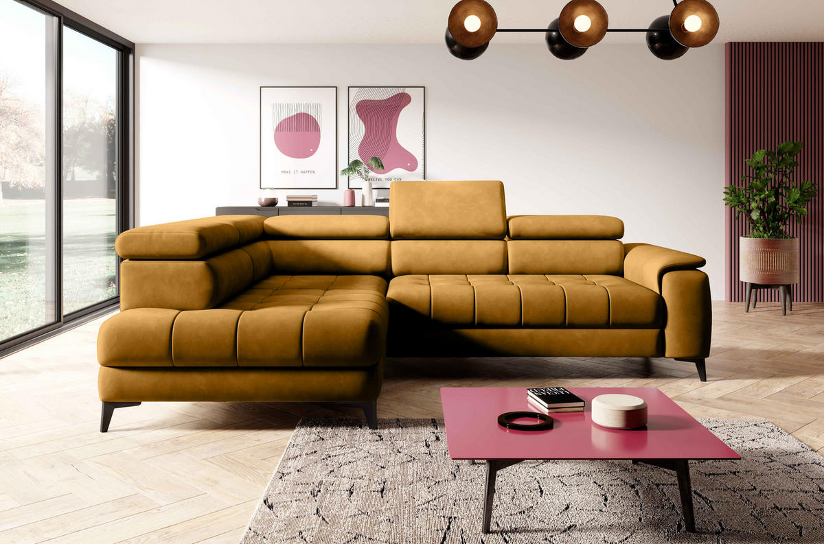 ECKSOFA CHIVAS Freistehend , Schlaffunktion, 278×197×76/98 cm, Stoff - Element, Gold, Linke Seite - Goldfarben/Schwarz, Holz/Textil (278/197cm) - DomoHome