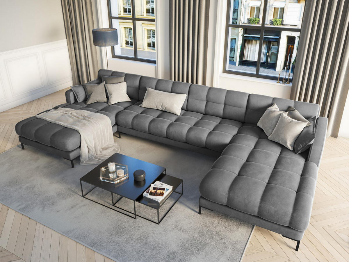 PANORAMASOFA Mamaia aus Samt hellgrau 6 Sitzplätze - Hellgrau, Textil (185/75/383cm) - Micadoni