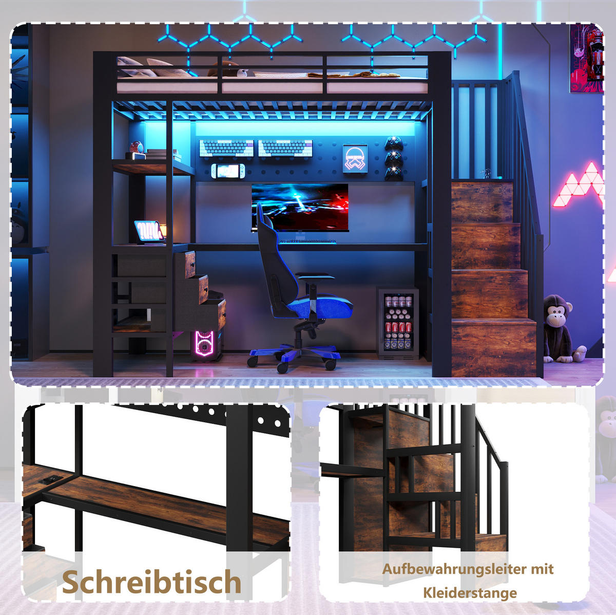 HOCHBETT 90/200 cm aus Metall und MDF mit Schreibtisch, Stauraum, Steckdose und LED-Beleuchtung, Schwarz - Schwarz, Holzwerkstoff (90/200cm) - Redom