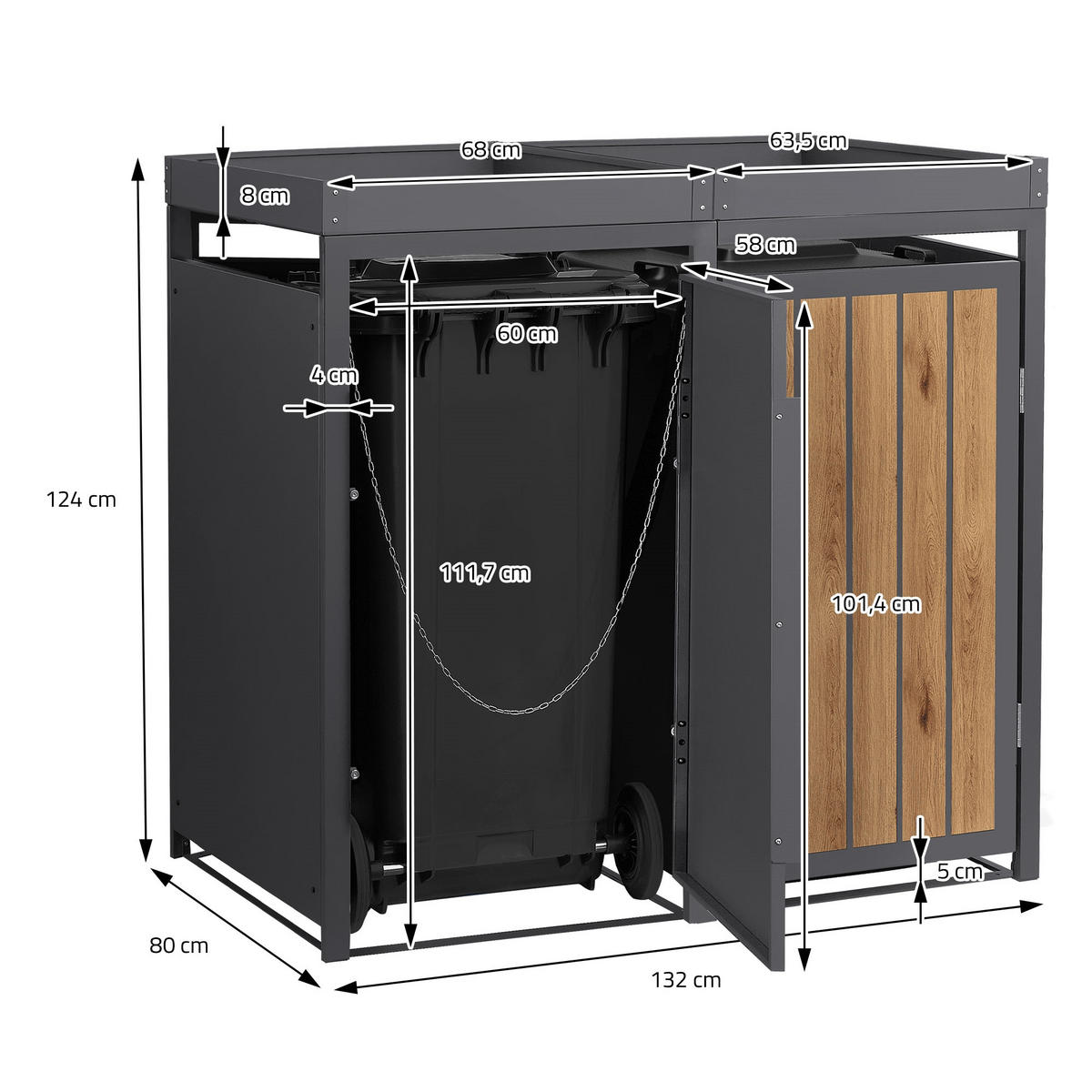 MÜLLTONNENBOX 2er mit Pflanzdach 240L Anthrazit-Holzoptik aus Stahl - Hellbraun, Metall (80/124/132cm) - ML-DESIGN