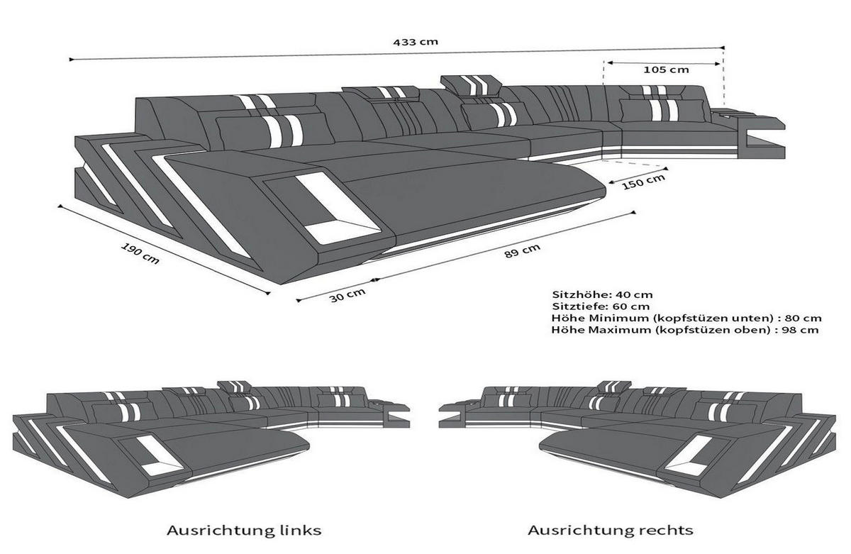 WOHNLANDSCHAFT Apollonia C - Weiß, Leder (420/78/190cm) - Sofa Dreams
